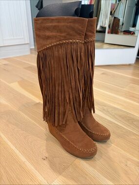 Nature Breeze Brown Suede Fringe Knee-High Boots. 3 1/2”wedge